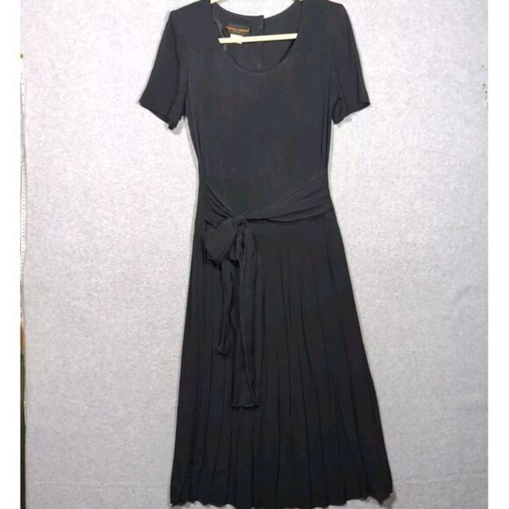 VTG Donna Ricco‎ Black Pleated Midi Dress Round Neck Sheer Bow 10 Brocade Witchy